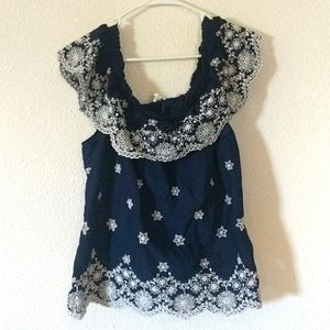 Maurices Navy White Embroidered Blouse Medium